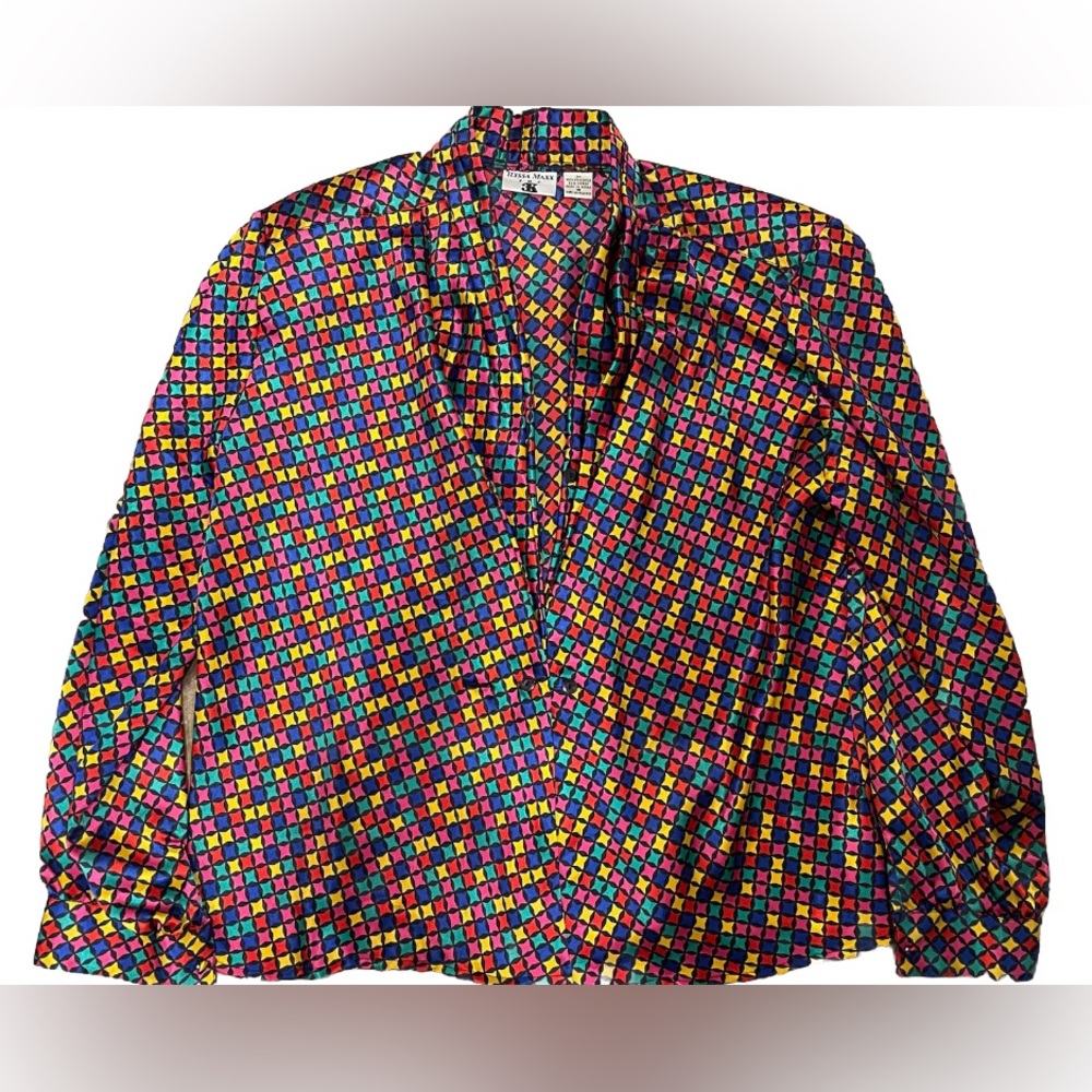 Vintage Ilyssa Maxx For 3K Women’s Satin Pinwheel Print Blouse Size 16